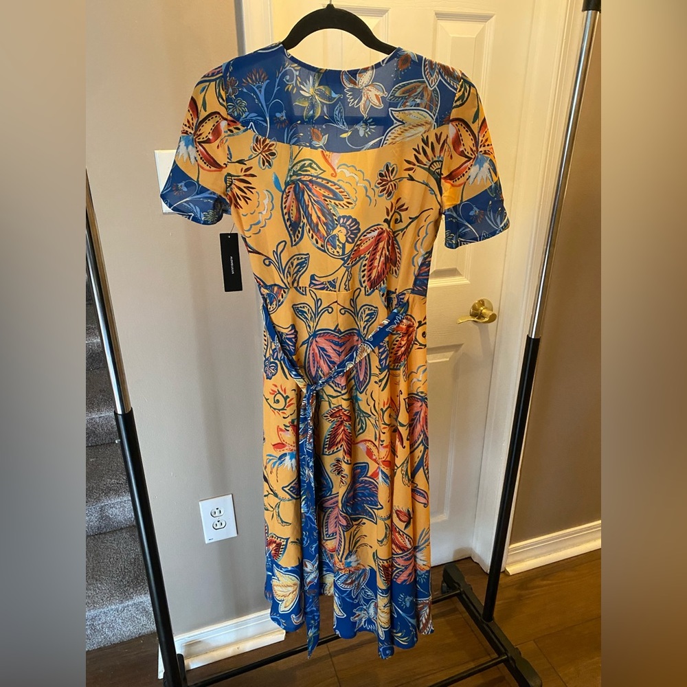 Lulus Atlantis Blue & Yellow Print Wrap Midi Dress - Picture 7 of 9